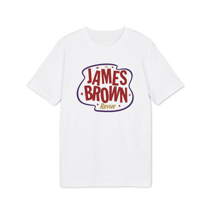White t-shirt with "The James Brown Revue" logo in purple and red text.