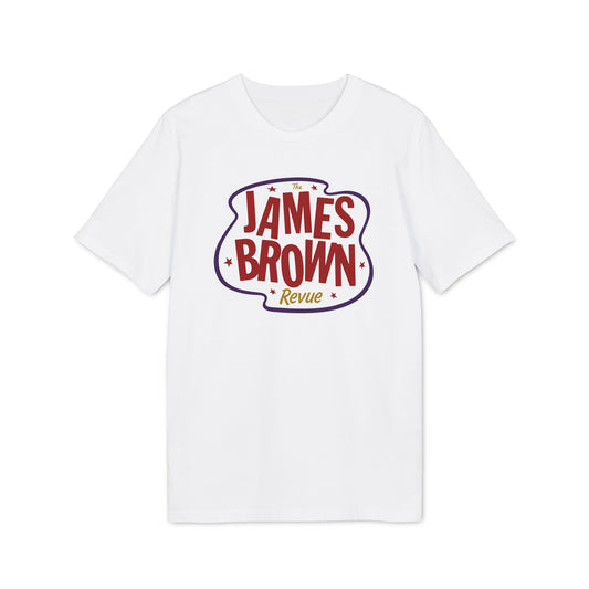 White t-shirt with "The James Brown Revue" logo in purple and red text.