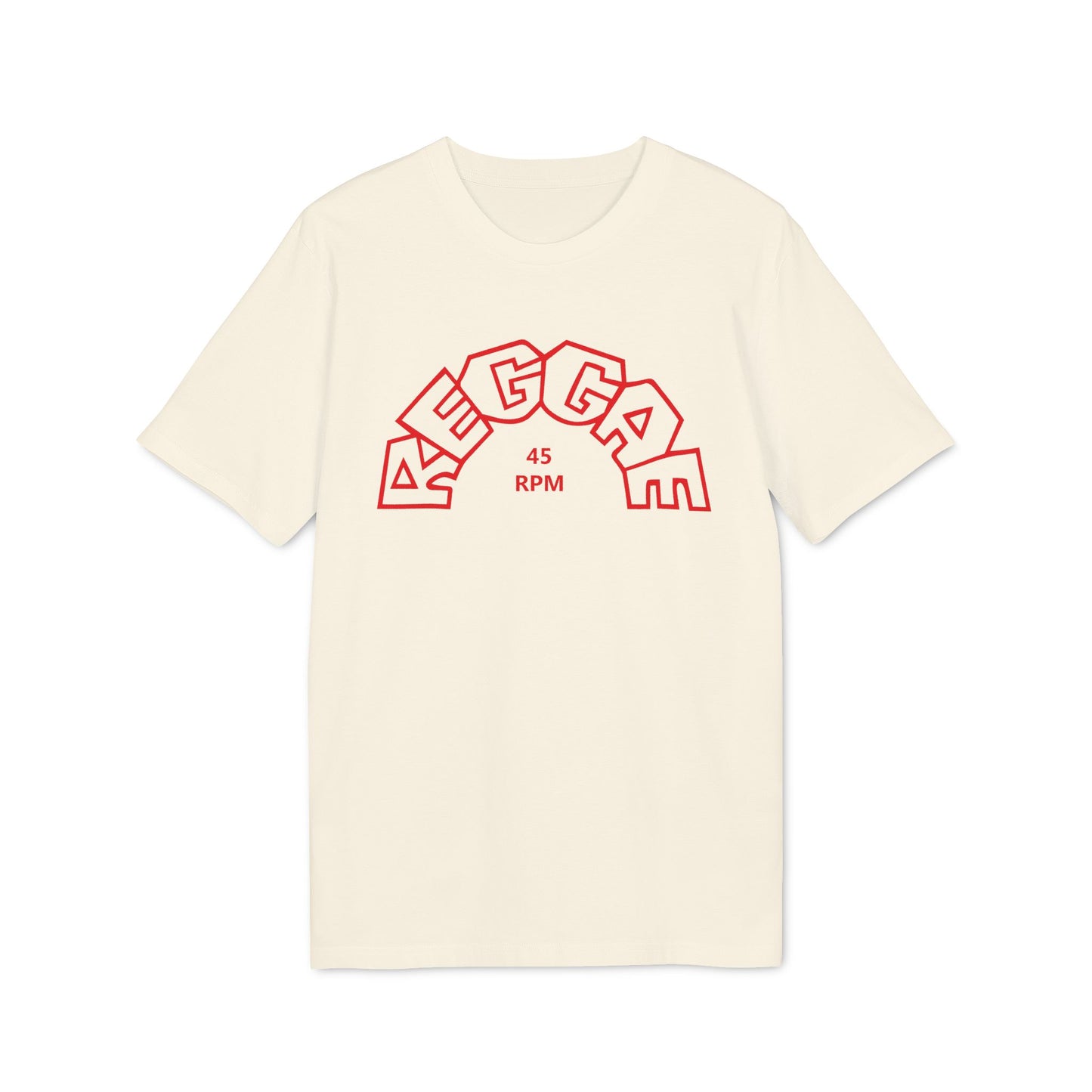 Cream t-shirt with red "REGGAE 45 RPM" text design.