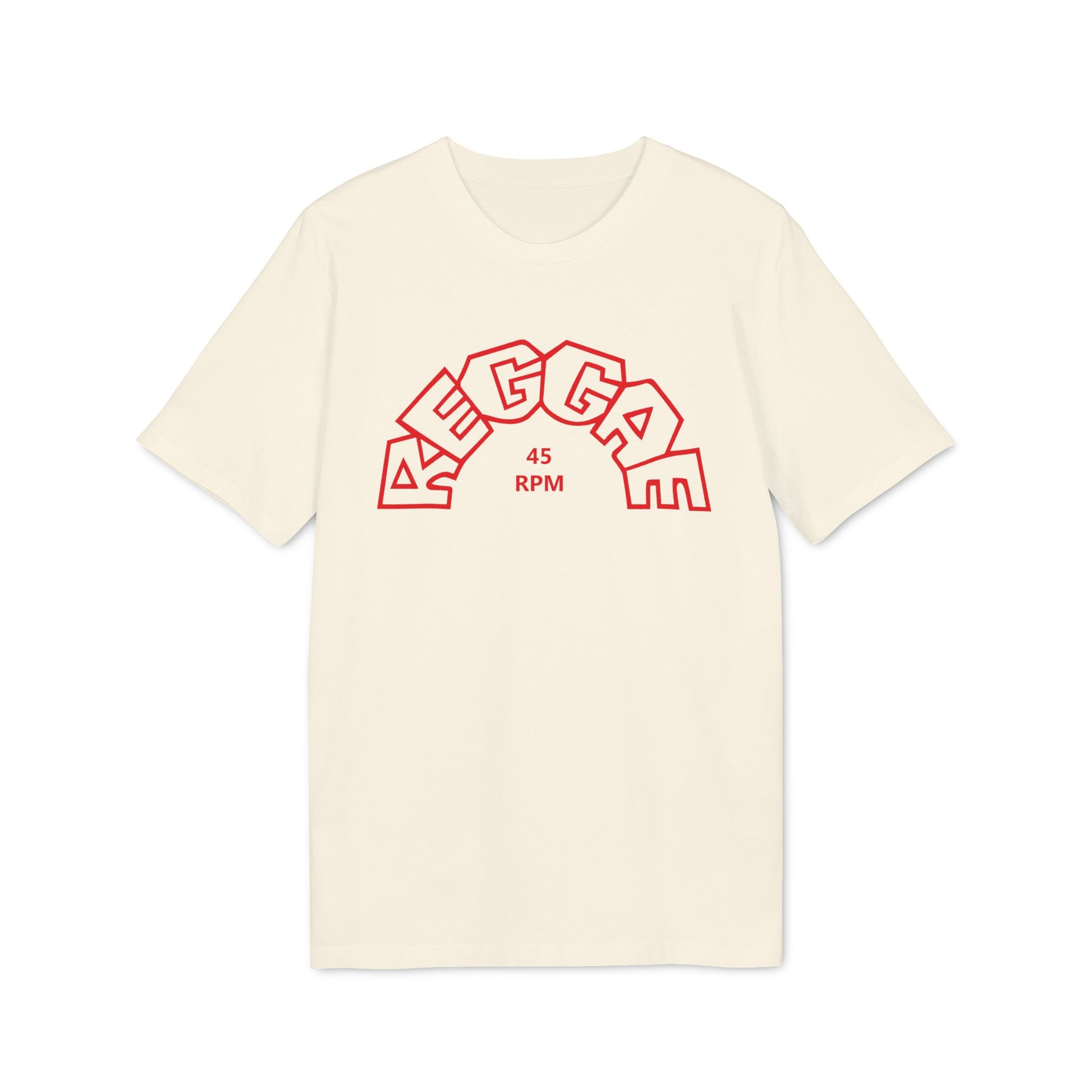 Cream t-shirt with red "REGGAE 45 RPM" text design.