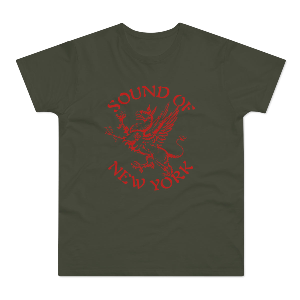 Olive green t-shirt with red "Sound of New York" text and griffin graphic.