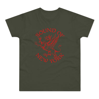 Olive green t-shirt with red "Sound of New York" text and griffin graphic.