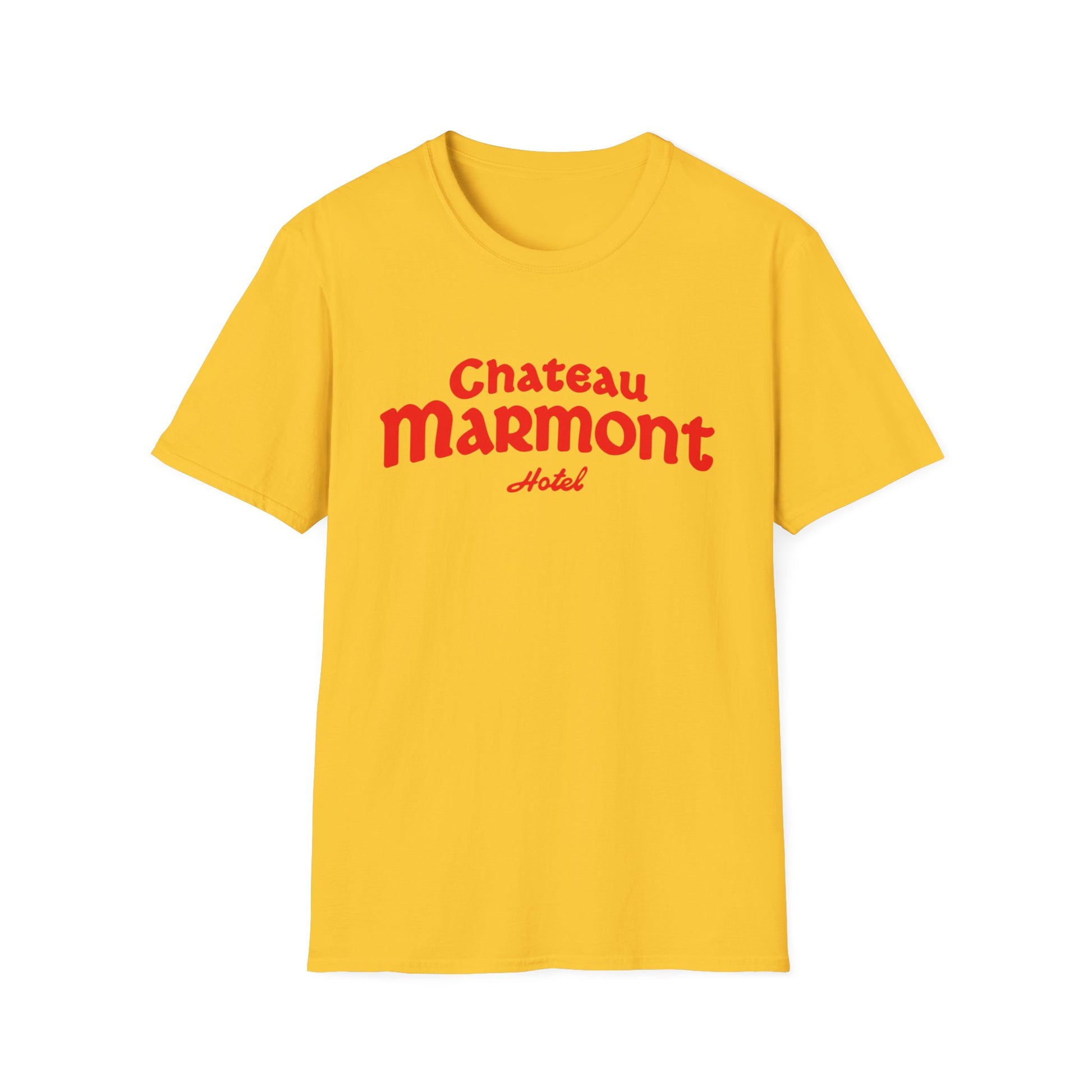 Yellow t-shirt with red "Chateau Marmont Hotel" text.