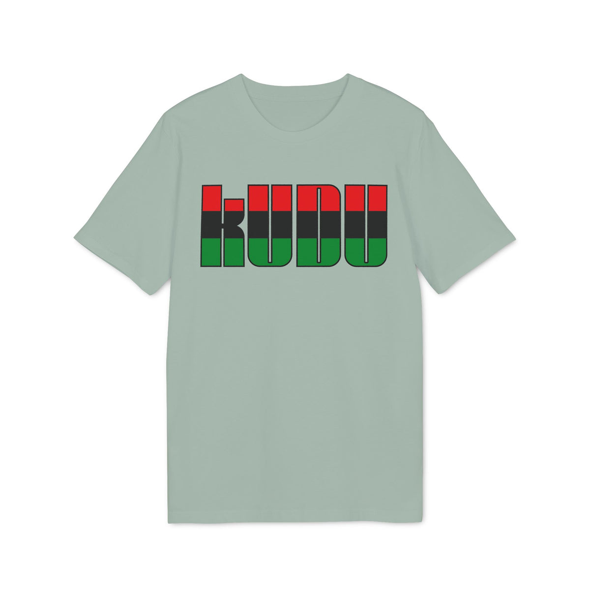 A sage green short-sleeved t-shirt features the word KUDU printed centrally in red, black, and green horizontal stripes.