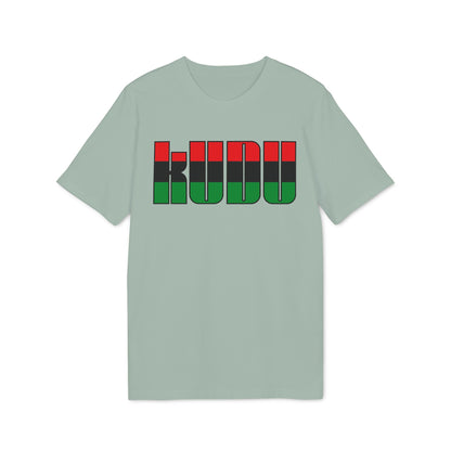 A sage green short-sleeved t-shirt features the word KUDU printed centrally in red, black, and green horizontal stripes.