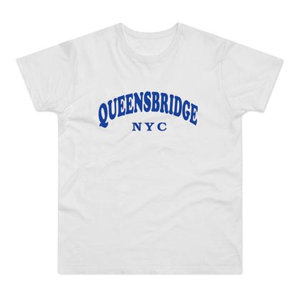 White t-shirt with blue "QUEENSBRIDGE NYC" text printed on the chest.