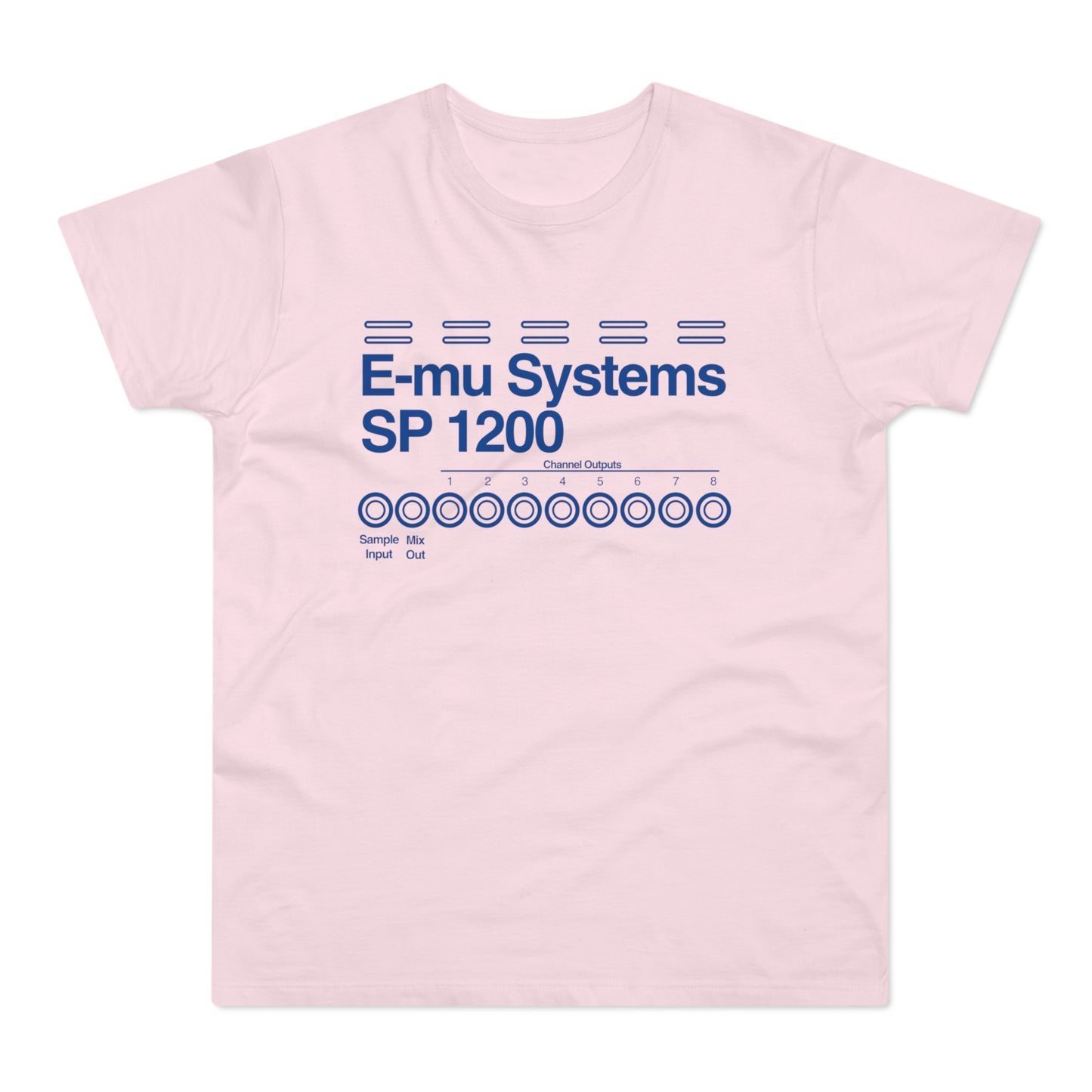 Pink t-shirt with E-mu Systems SP 1200 graphic and channel outputs.