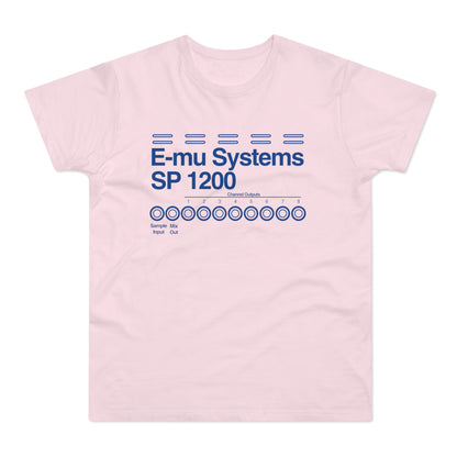 Pink t-shirt with E-mu Systems SP 1200 graphic and channel outputs.