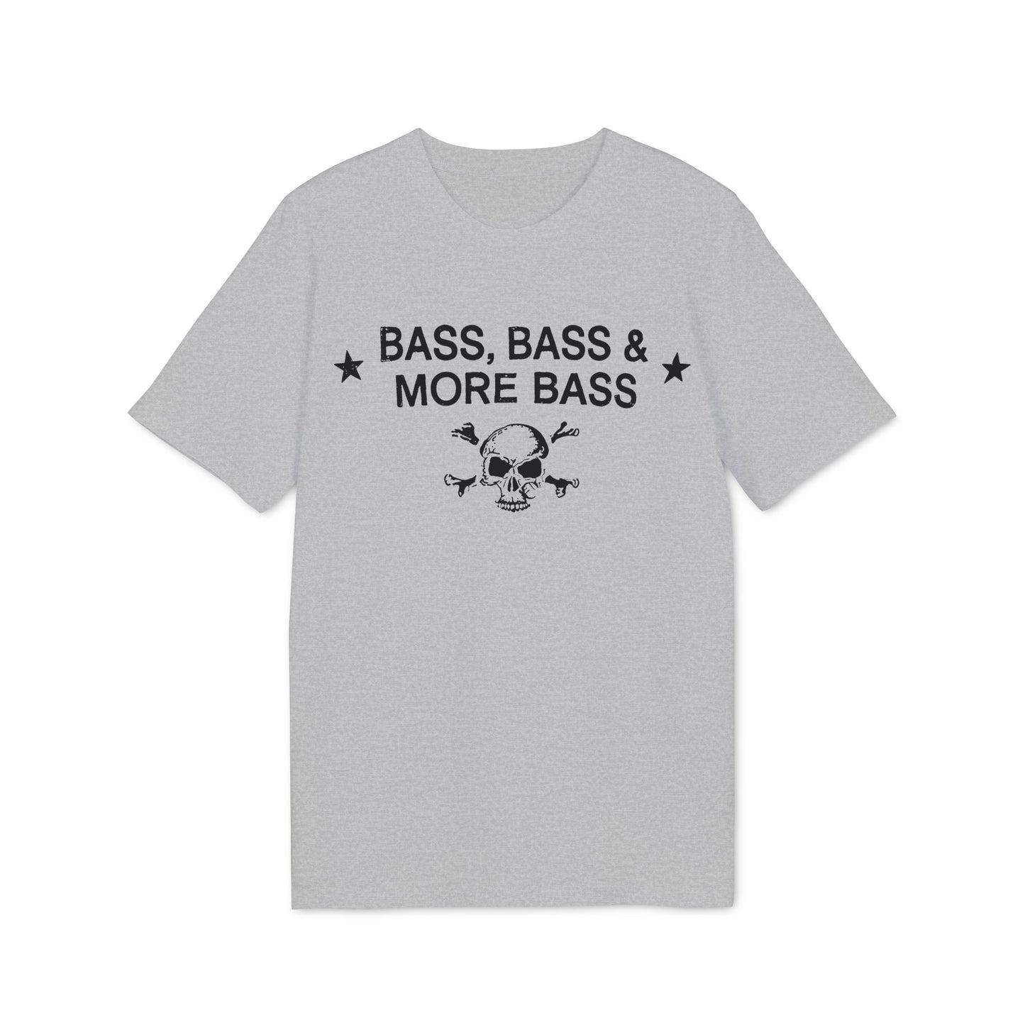 Light grey t-shirt with black graphic of skull, crossbones, and text.