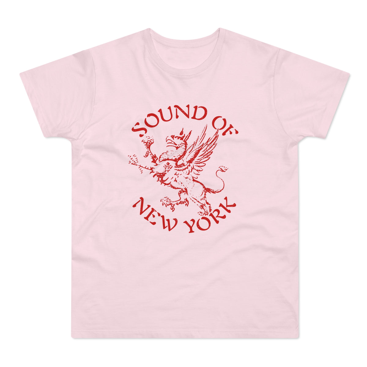 Pink t-shirt with red text and a winged lion graphic.