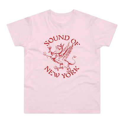 Pink t-shirt with red text and a winged lion graphic.
