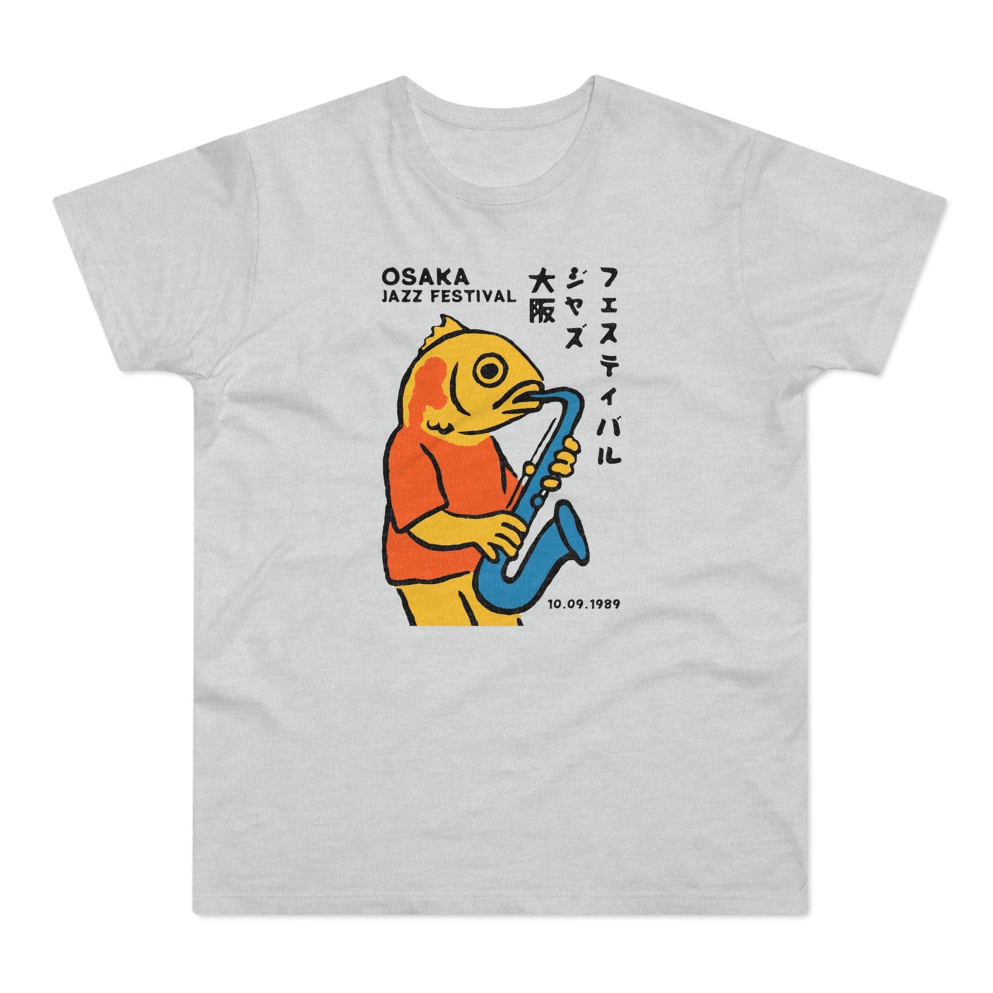 Light grey t-shirt with yellow fish playing saxophone and text "OSAKA JAZZ FESTIVAL 10.09.1989".