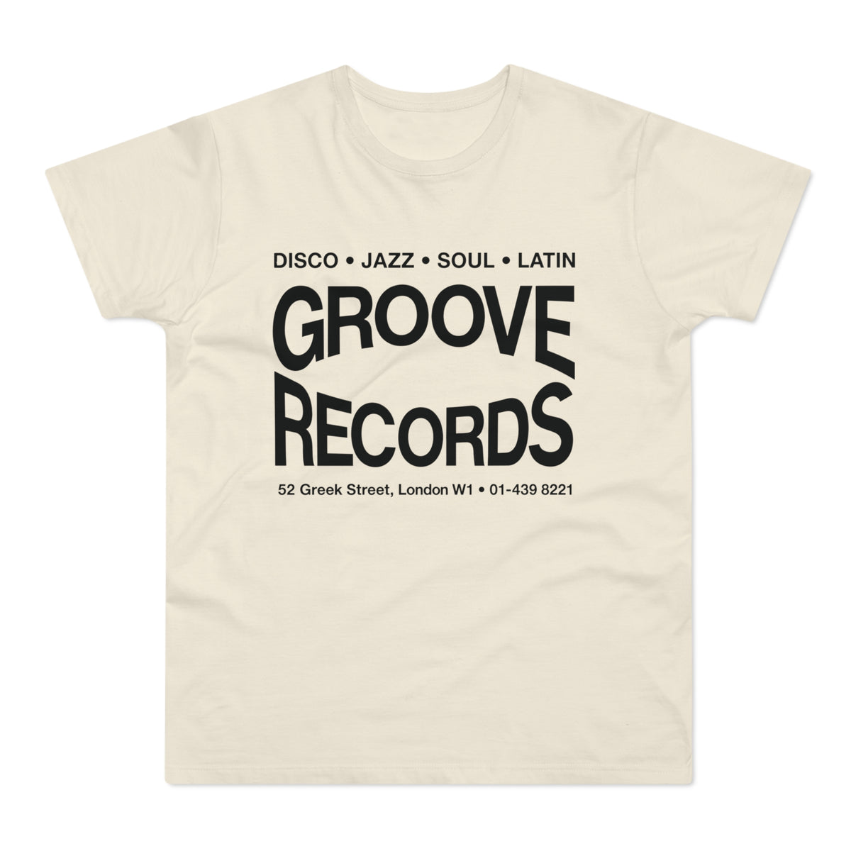 Cream t-shirt with "Groove Records" and music genres printed in black.