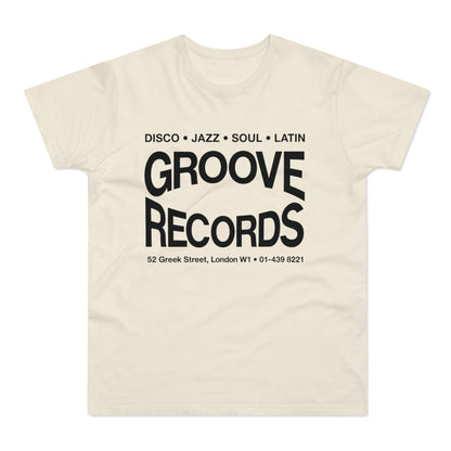 Cream t-shirt with "Groove Records" and music genres printed in black.