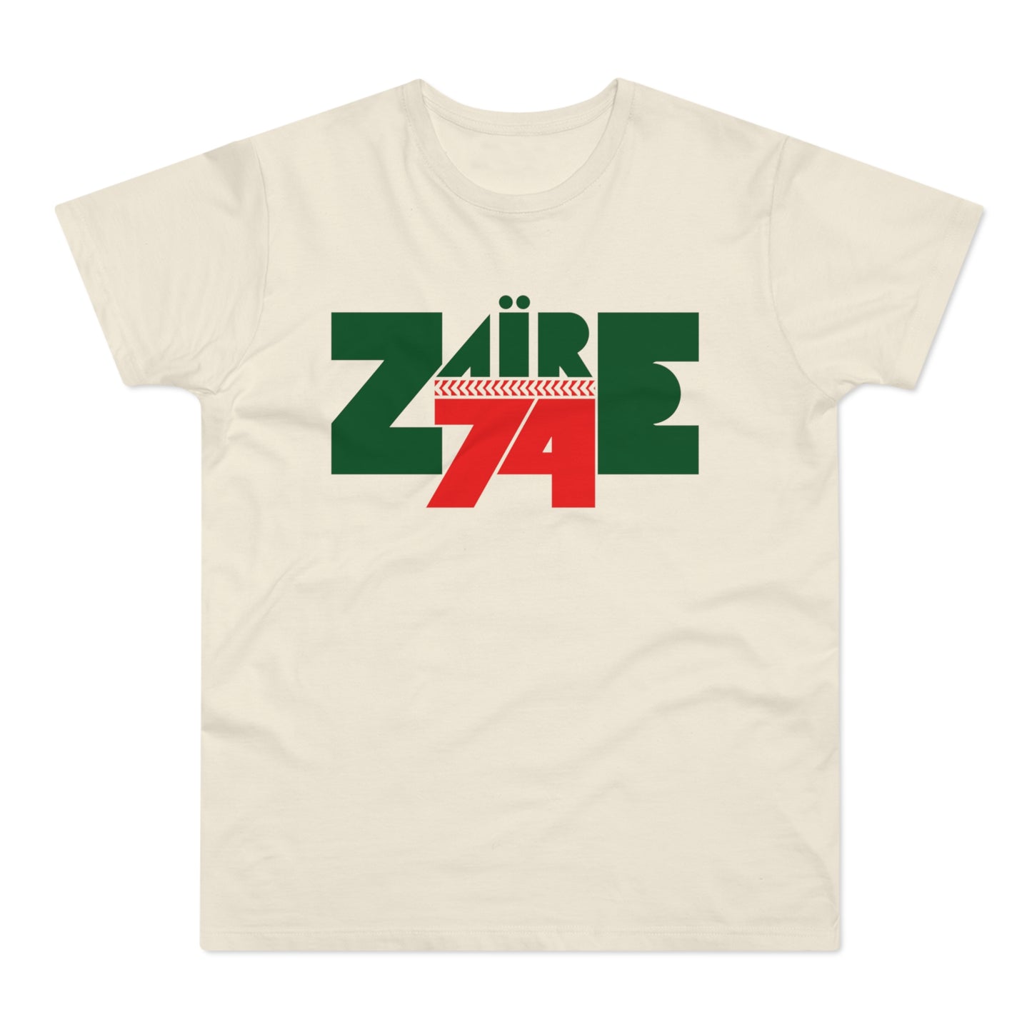Cream t-shirt with bold green "ZAÏRE" and red "74" graphic.