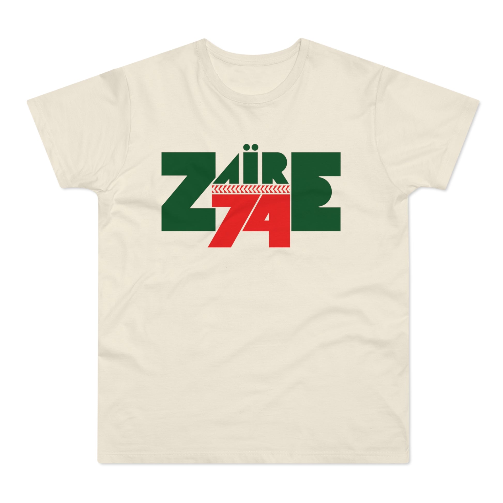 Cream t-shirt with bold green "ZAÏRE" and red "74" graphic.
