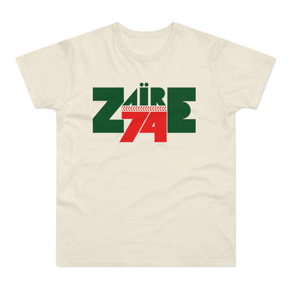 Cream t-shirt with bold green "ZAÏRE" and red "74" graphic.