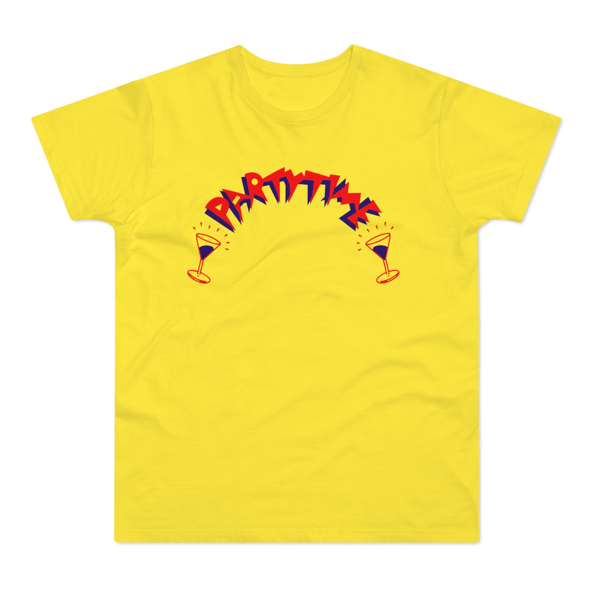 Yellow t-shirt with red and blue "Party Time" text and martini glasses.