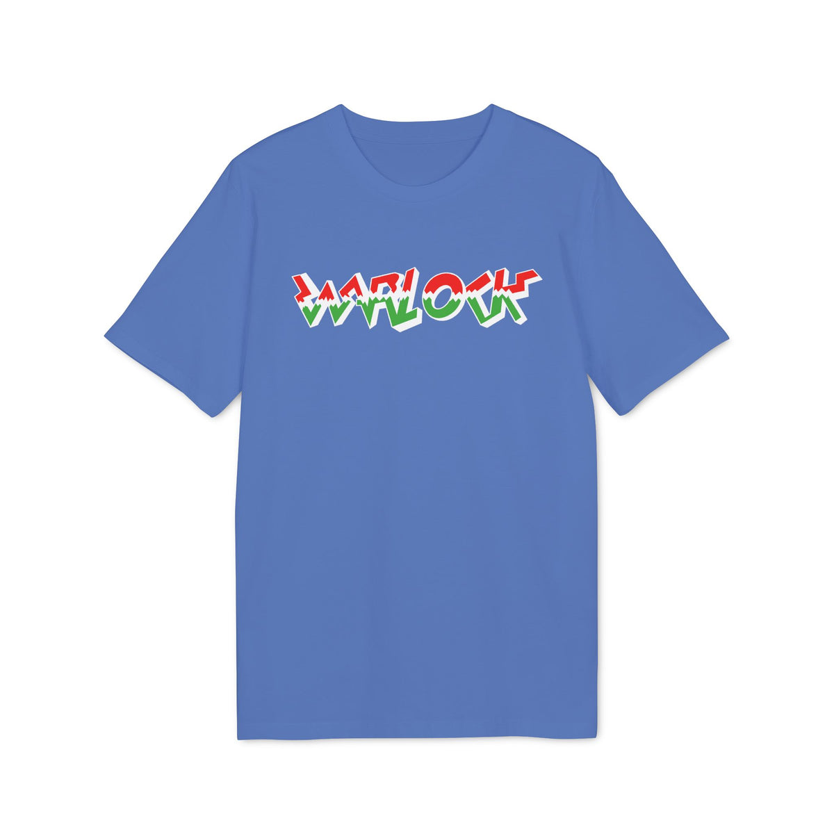Blue short-sleeved crew neck t-shirt featuring a stylized red, white, and green "WARLOCK" graphic on the chest.