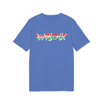 Blue short-sleeved crew neck t-shirt featuring a stylized red, white, and green "WARLOCK" graphic on the chest.