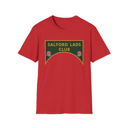 Red t-shirt with a green and gold "Salford Lads Club" logo and roses.