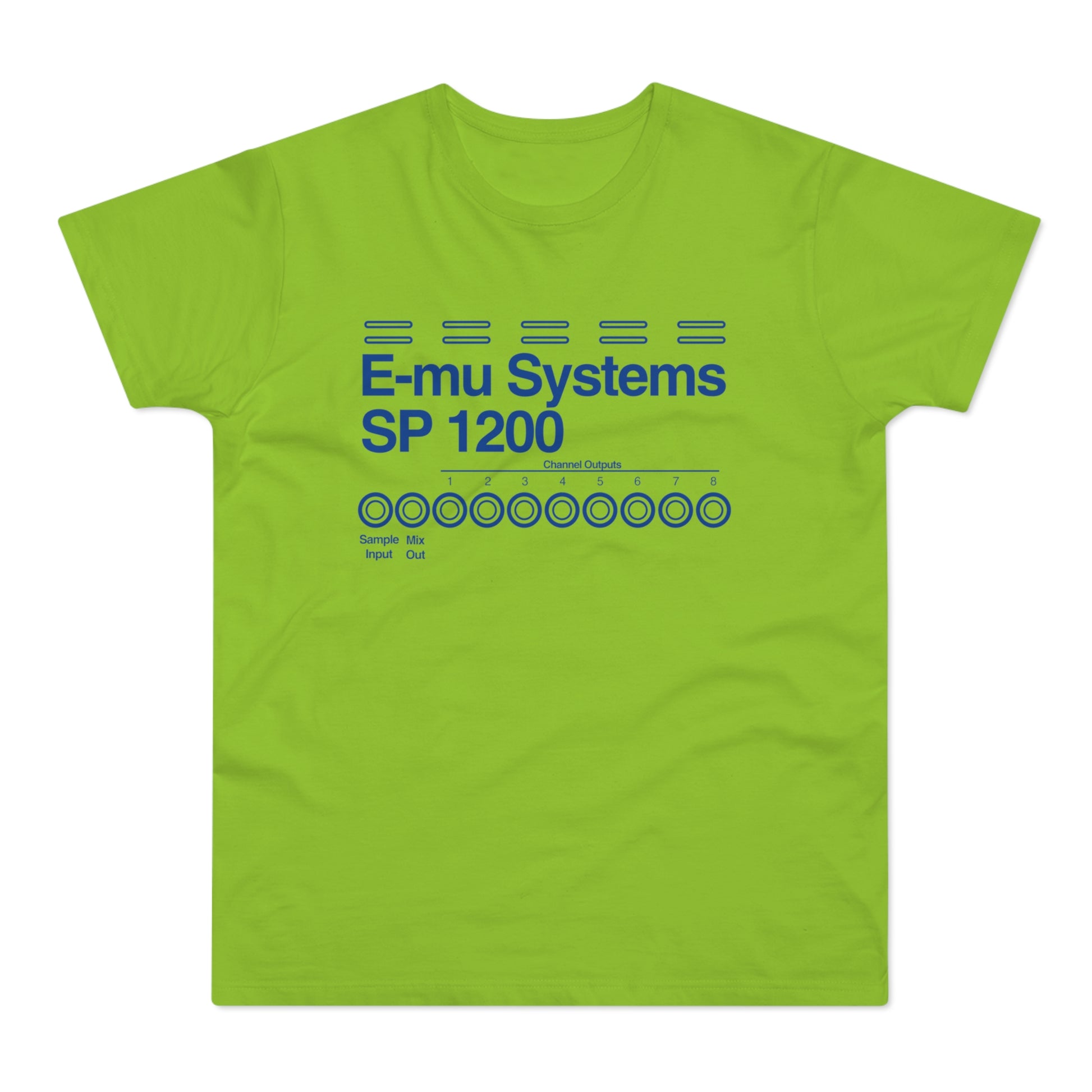 Lime green t-shirt with blue E-mu Systems SP 1200 graphic.