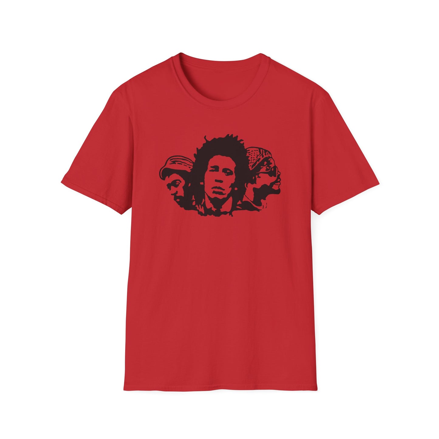 Red t-shirt with black graphic of three men's heads.