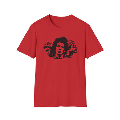 Red t-shirt with black graphic of three men's heads.