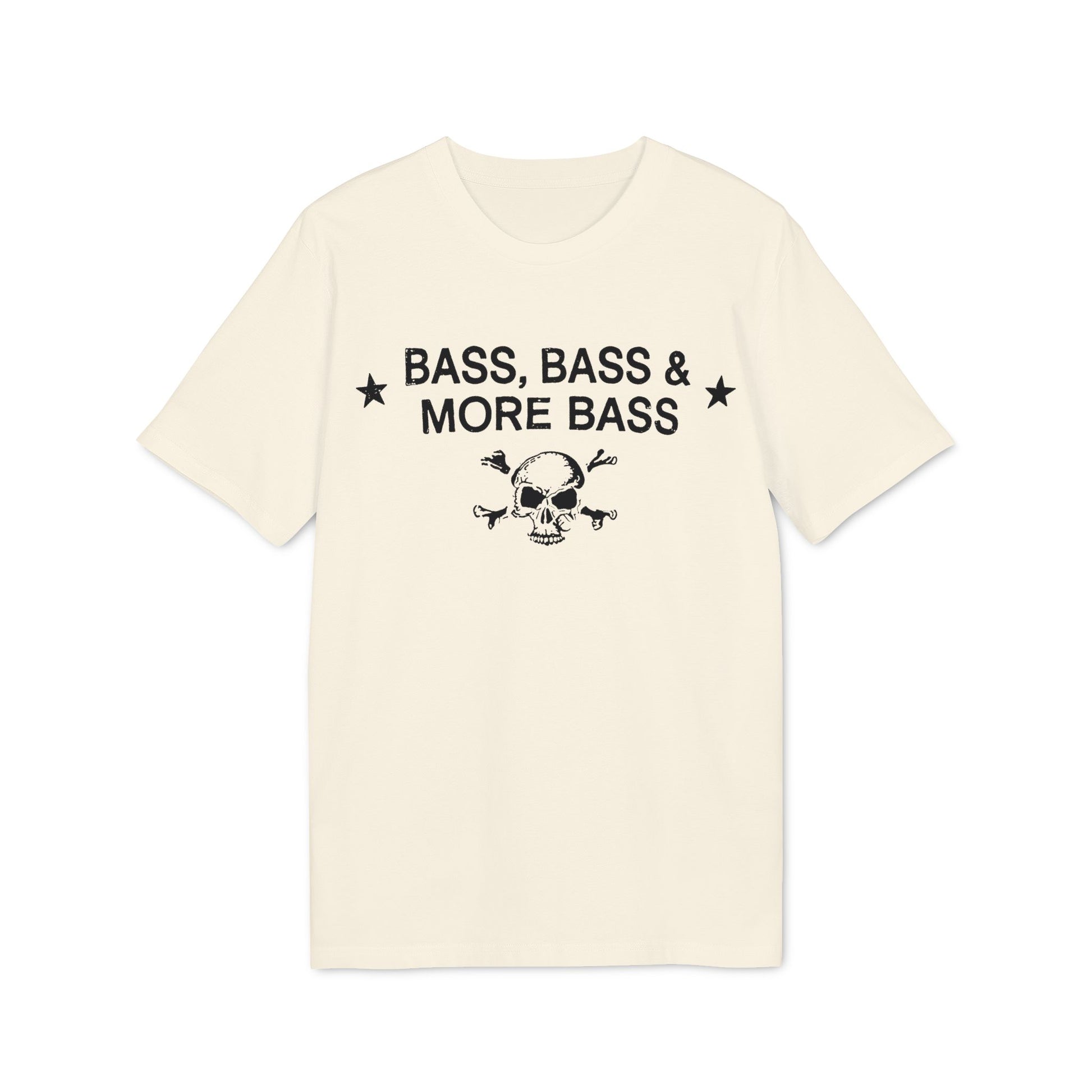 Cream t-shirt with black text "BASS, BASS & MORE BASS" and skull graphic.