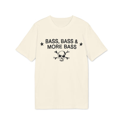 Cream t-shirt with black text "BASS, BASS & MORE BASS" and skull graphic.