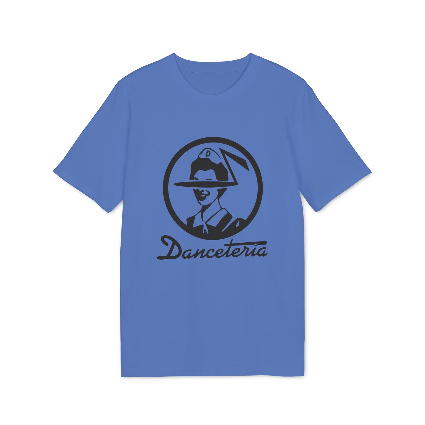 Royal blue t-shirt with "Danceteria" text and black circular logo.