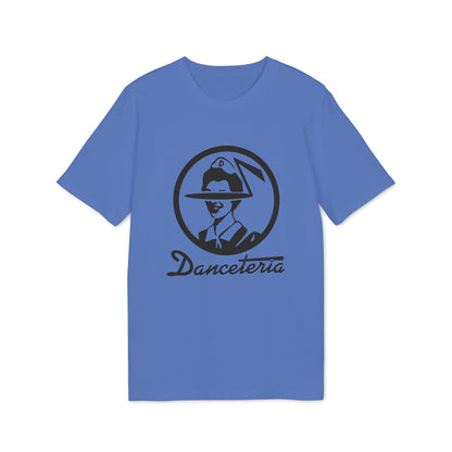 Royal blue t-shirt with "Danceteria" text and black circular logo.