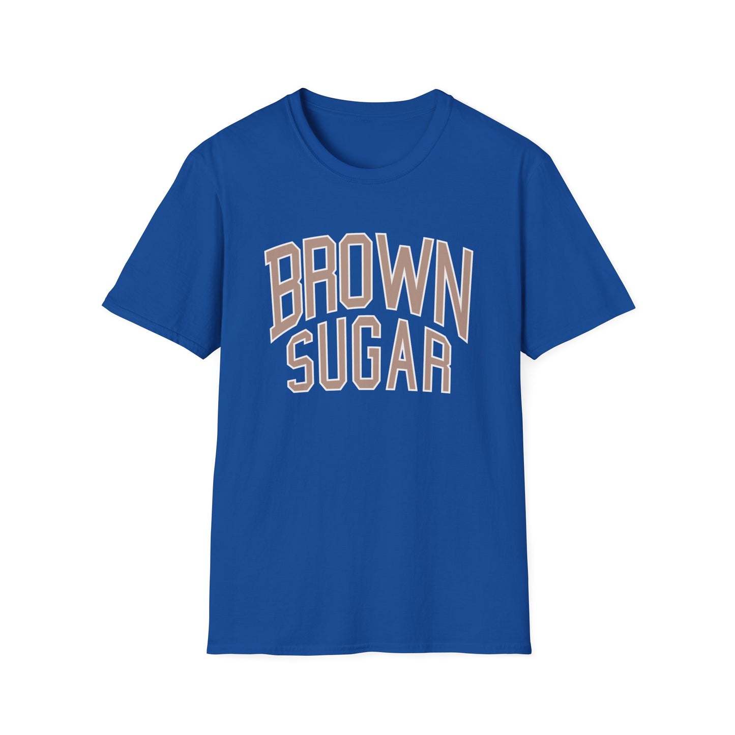 Royal blue t-shirt with "BROWN SUGAR" text logo in tan and white.