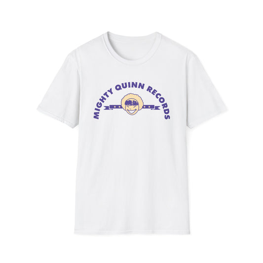 White t-shirt with arched text "MIGHTY QUINN RECORDS" and a cartoon face.