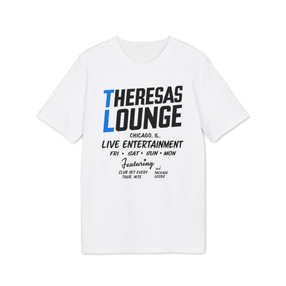 White t-shirt with Theresas Lounge Chicago live entertainment logo.
