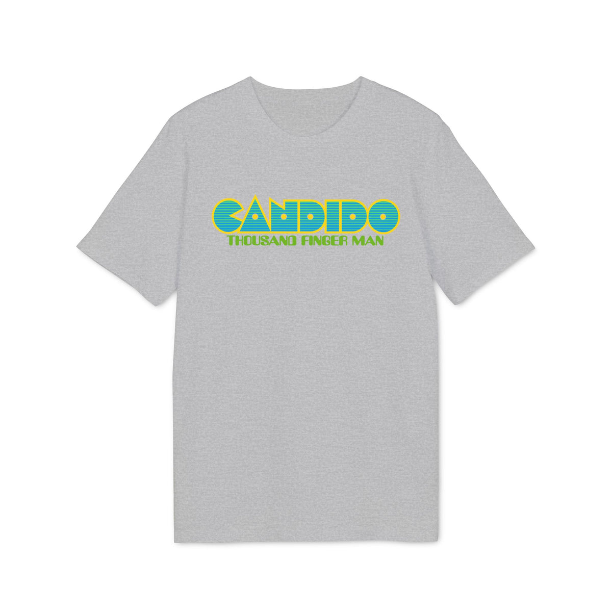 Heather grey crewneck t-shirt featuring a retro turquoise and yellow Candido Thousand Finger Man graphic.