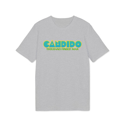 Heather grey crewneck t-shirt featuring a retro turquoise and yellow Candido Thousand Finger Man graphic.