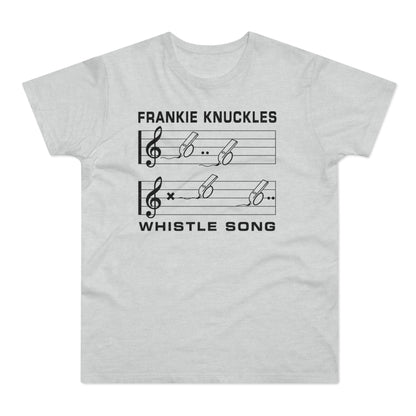 Frankie Knuckles Whistle Song text with musical notes and whistles on a t-shirt.