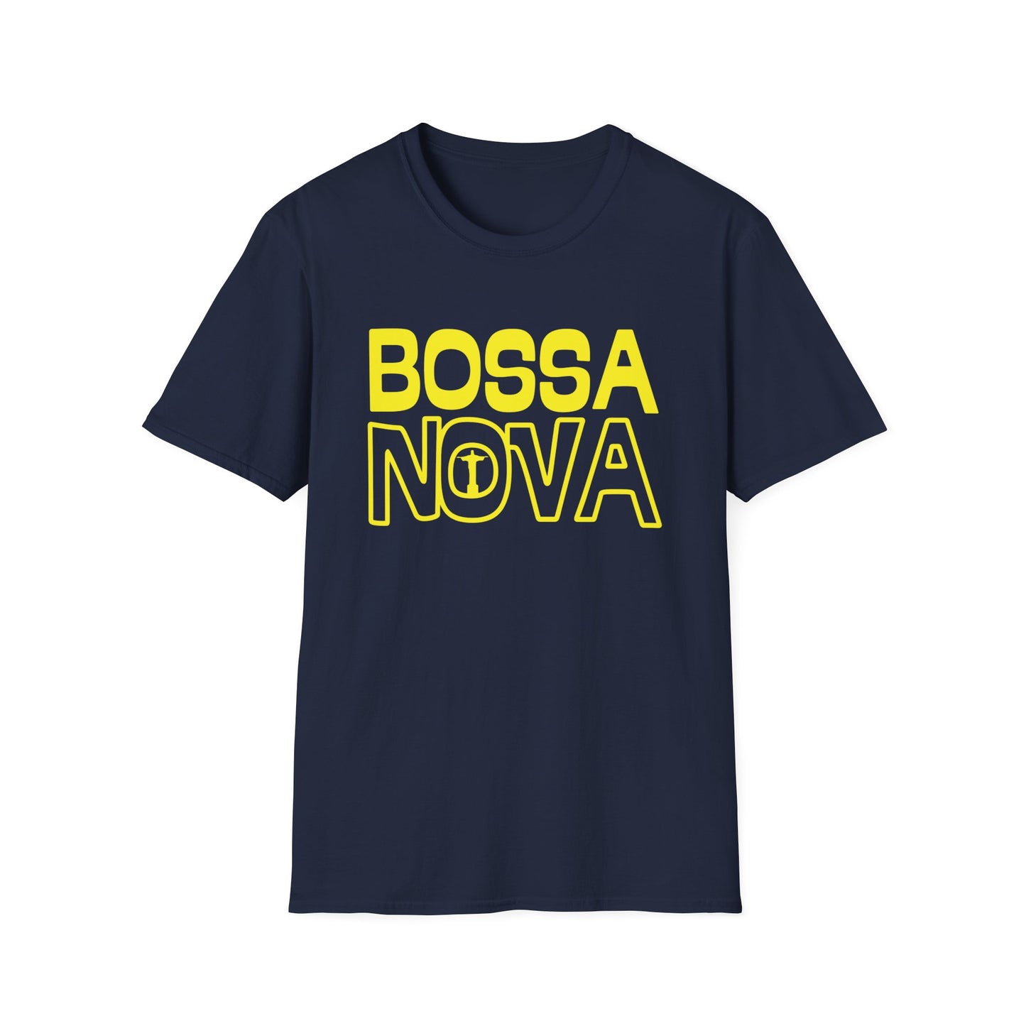 Navy t-shirt with yellow "BOSSANOVA" text and a small icon of Christ the Redeemer.