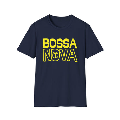 Navy t-shirt with yellow "BOSSANOVA" text and a small icon of Christ the Redeemer.