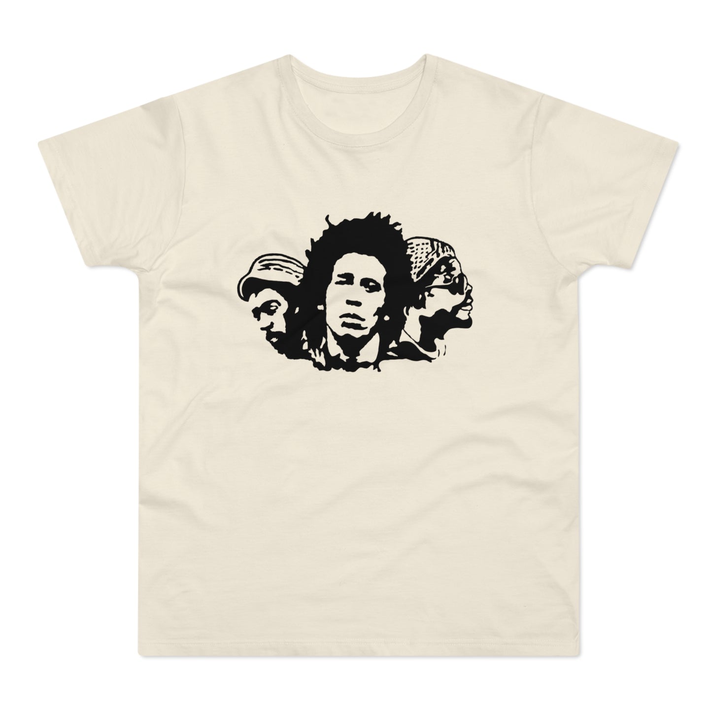Black silhouette of three reggae musicians' heads on a cream t-shirt.