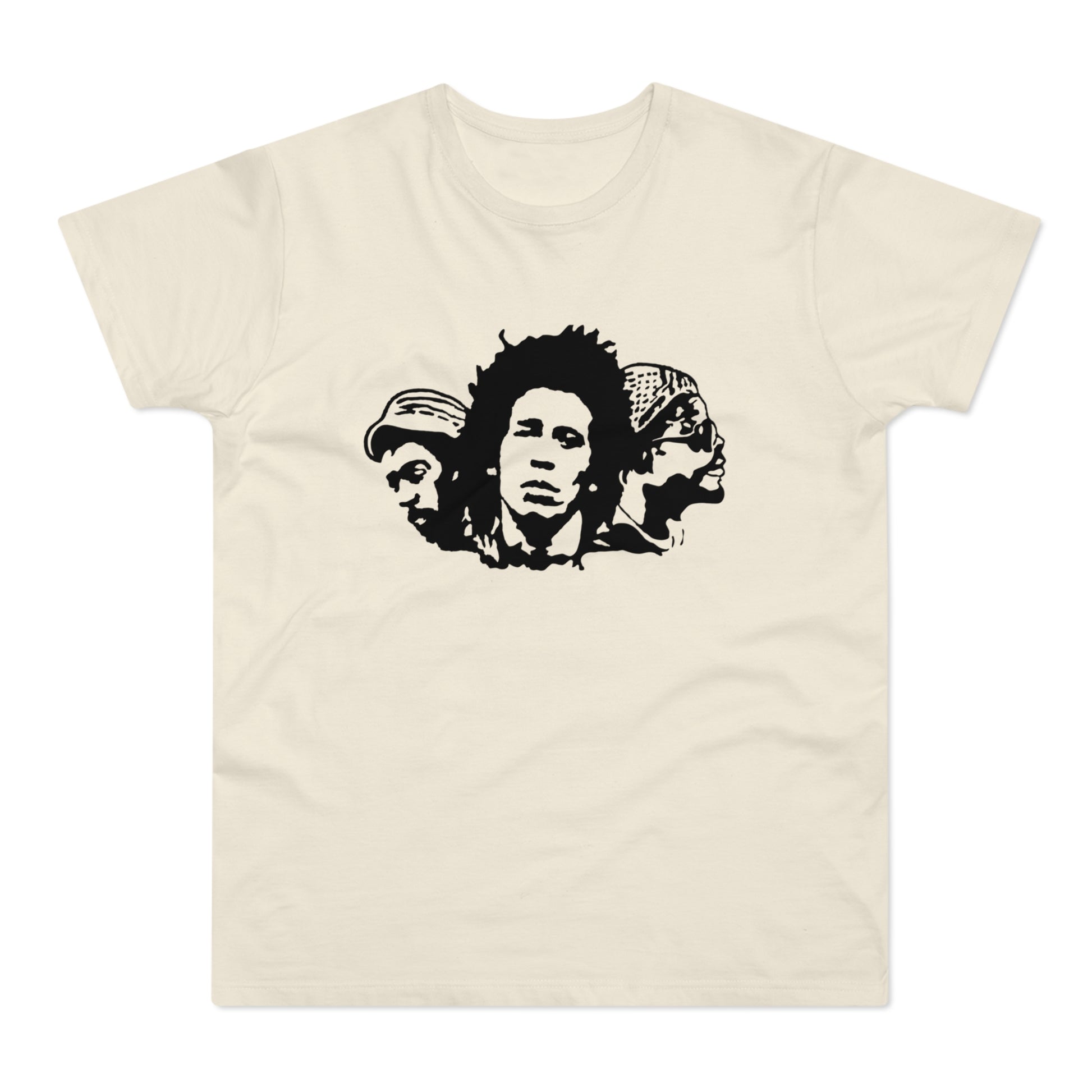 Black silhouette of three reggae musicians' heads on a cream t-shirt.