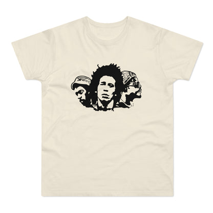 Black silhouette of three reggae musicians' heads on a cream t-shirt.