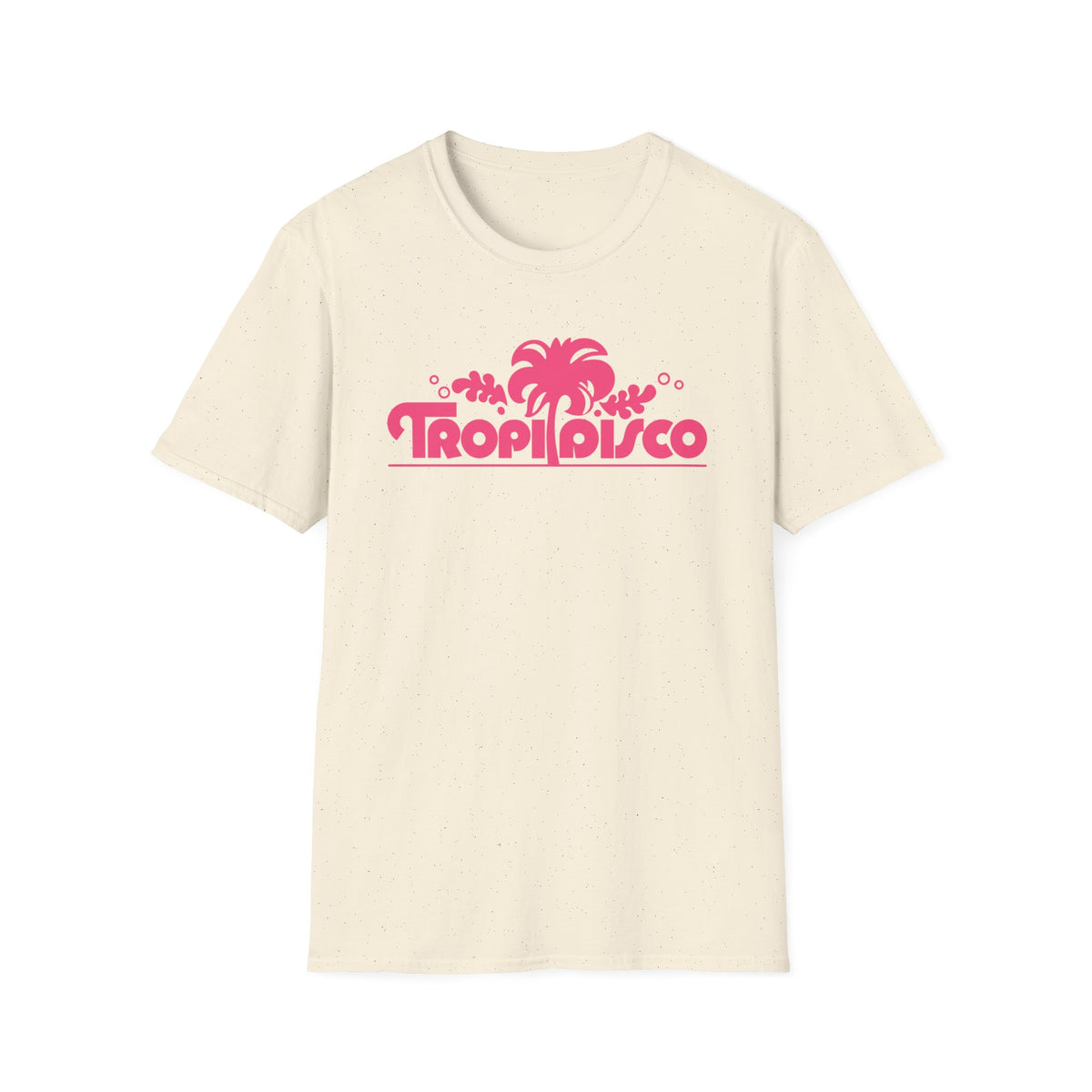 Cream t-shirt with "Tropi Disco" text and a pink palm tree graphic.