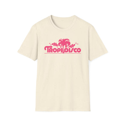 Cream t-shirt with "Tropi Disco" text and a pink palm tree graphic.