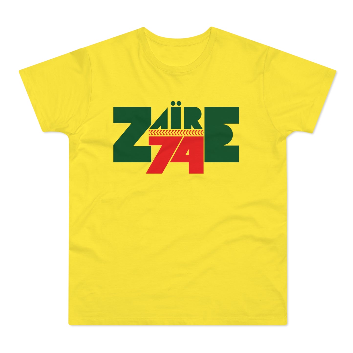 Yellow t-shirt with green "ZAIRE" text and red "74" graphic.