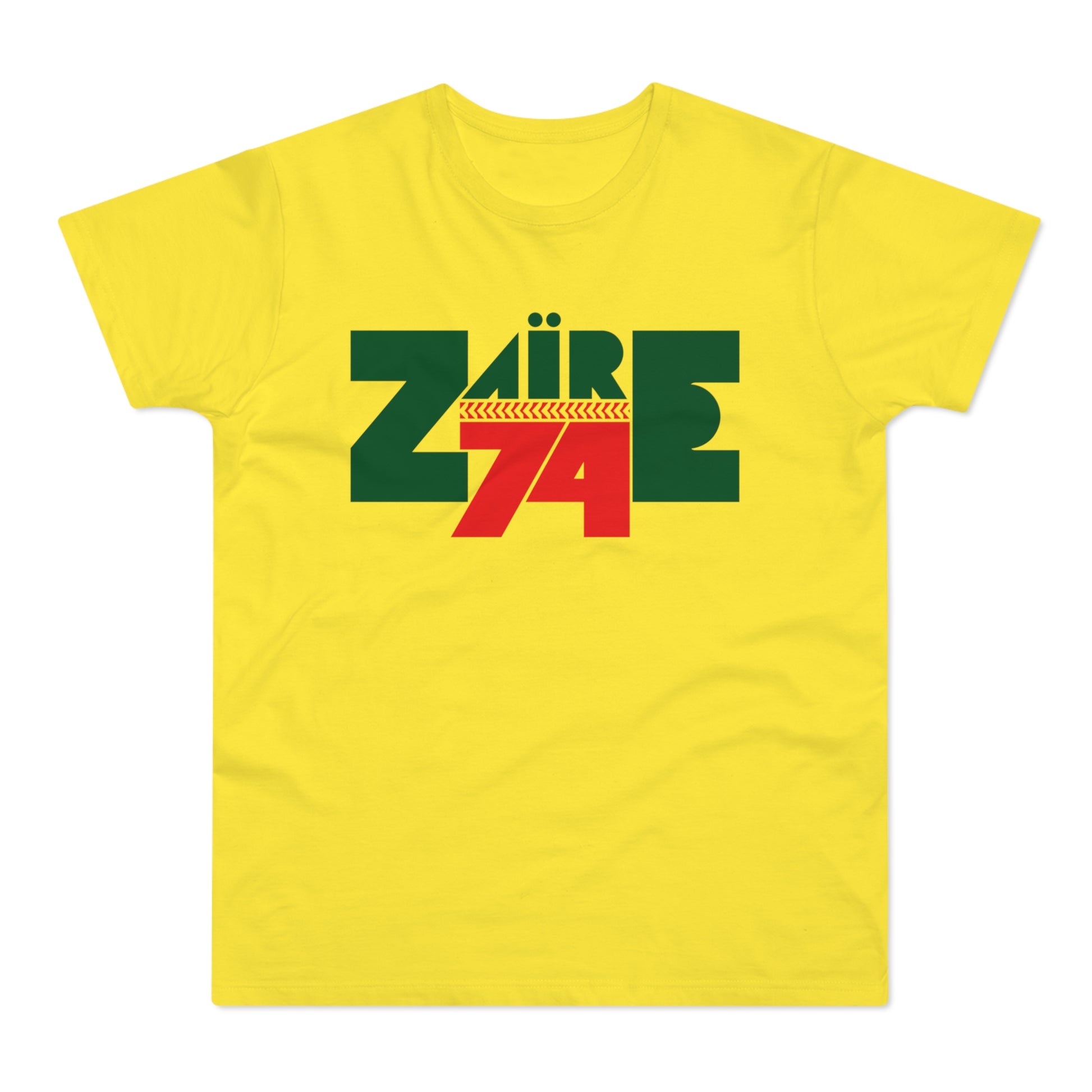 Yellow t-shirt with green "ZAIRE" text and red "74" graphic.
