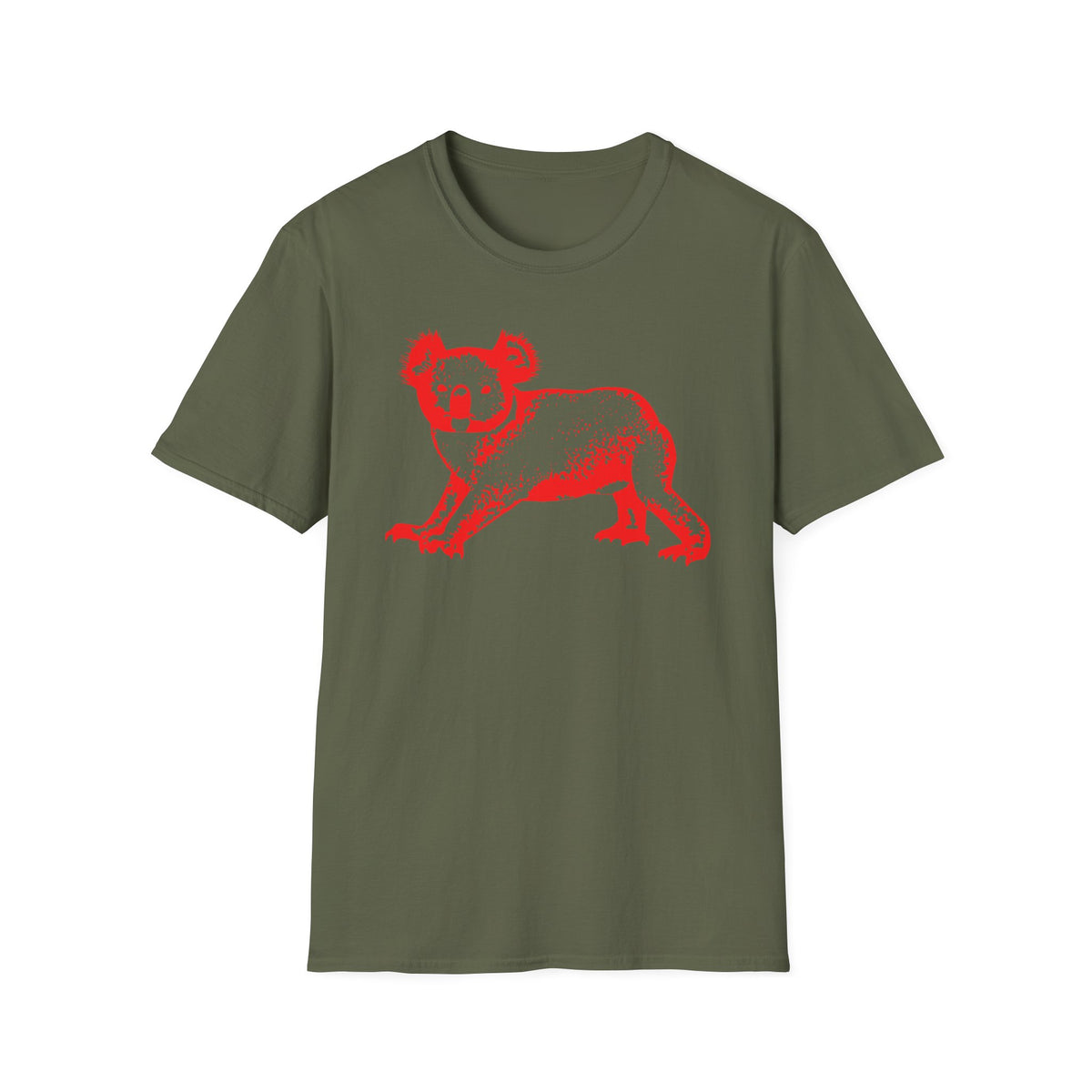 Olive green t-shirt with a distressed red koala graphic.