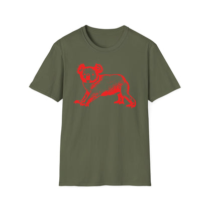 Olive green t-shirt with a distressed red koala graphic.