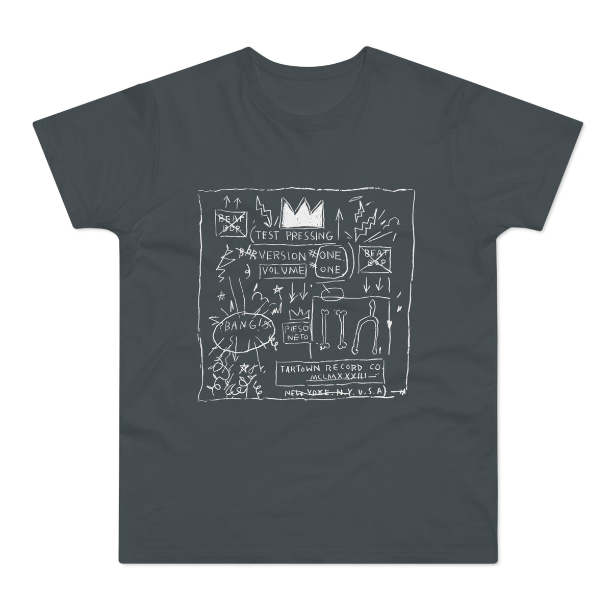 Dark gray t-shirt with white chalk-like artwork including a crown, text, and abstract figures.